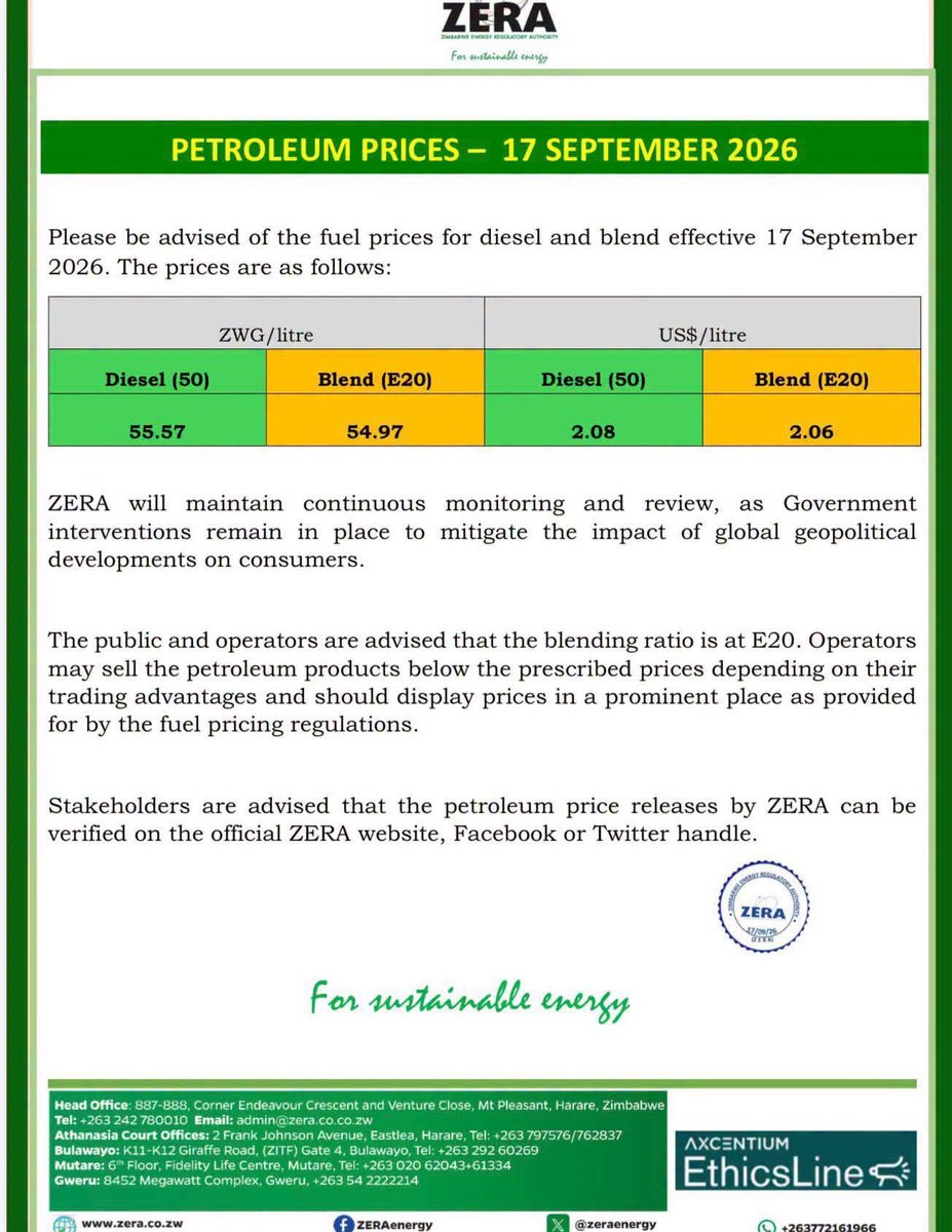 powerfmzimbabwe's tweet photo. Fuel prices update!
New prices have been announced, effective immediately.

#zimbabwenews #fuelprices https://t.co/x92bV9uz67