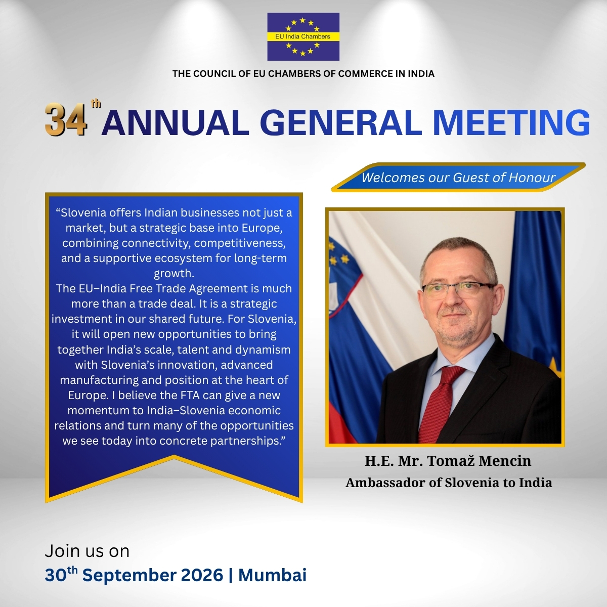 EUChambers's tweet photo. We are pleased to welcome H.E. Mr. Tomaž Mencin, Ambassador of Slovenia to India, as Guest of Honour at the 34th AGM of EU Chambers. 

   For more information: https://t.co/HNM2jnMxme 

#EUChambers #34thAGM #EUIndiaFTA https://t.co/wR5veqEm1l