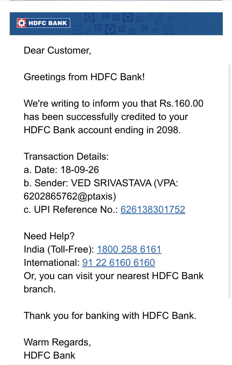 SenguptaSudipto's tweet photo. @HDFCBank_Cares @HDFC_Bank Need to check the credit transaction of Rs160/- from an unknown source. Do let me know to logged an official FIR with cybercrime. #HDFCBank #UPI #transaction https://t.co/9hz2z2tb6q