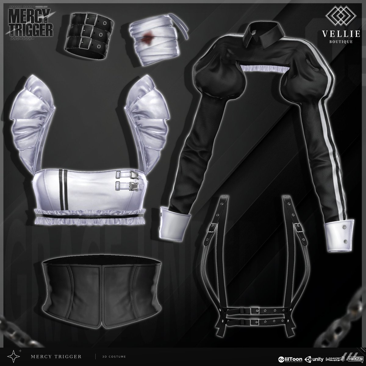 VELLIE_BOUTIQUE's tweet photo. 🔫 MERCY TRIGGER - PARTS & GIMMICKS

衣装としてはもちろん、
小物や装備だけでも色々な組み合わせで使えるよう、
各パーツを細かく分けて制作しています。

コーデの一部として使ったり、
お手持ちの衣装に装備だけ追加したりと、
自由にアレンジして楽しんでいただけます🖤

そして見た目だけでなく最適化もしっかりと。
ミニガン＆ルガーのギミックを含めても、
全体を12万頂点以内に収めています⚙️

たくさん遊べる衣装に仕上げました！

🎁 メイン投稿ではRT EVENTも開催中です。
まだの方はぜひ気軽にご参加ください！