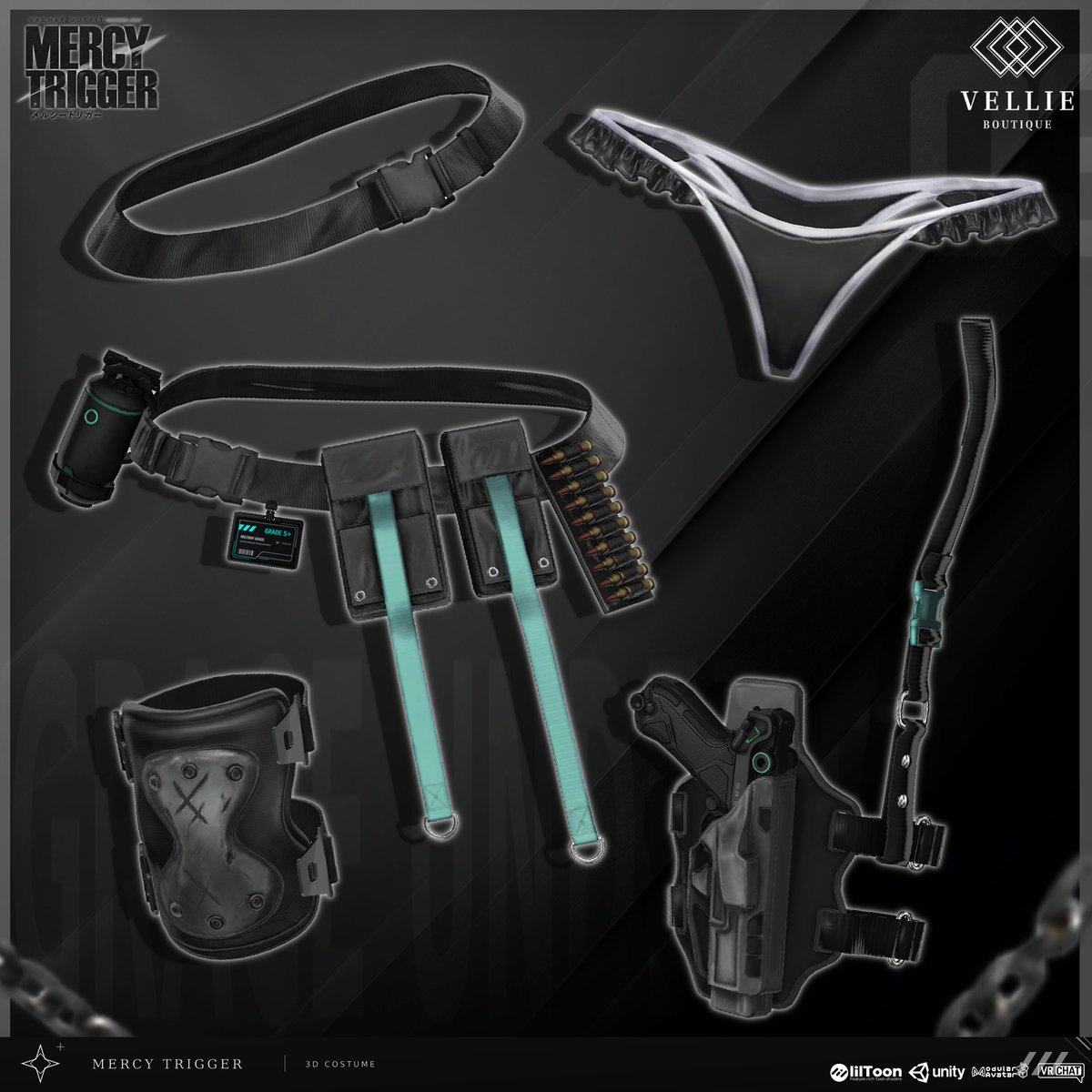VELLIE_BOUTIQUE's tweet photo. 🔫 MERCY TRIGGER - PARTS & GIMMICKS

衣装としてはもちろん、
小物や装備だけでも色々な組み合わせで使えるよう、
各パーツを細かく分けて制作しています。

コーデの一部として使ったり、
お手持ちの衣装に装備だけ追加したりと、
自由にアレンジして楽しんでいただけます🖤

そして見た目だけでなく最適化もしっかりと。
ミニガン＆ルガーのギミックを含めても、
全体を12万頂点以内に収めています⚙️

たくさん遊べる衣装に仕上げました！

🎁 メイン投稿ではRT EVENTも開催中です。
まだの方はぜひ気軽にご参加ください！