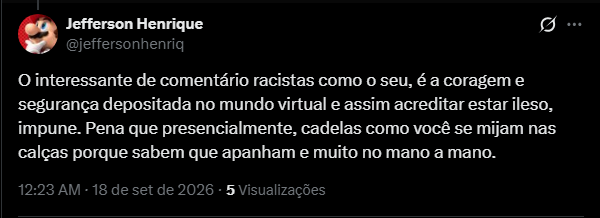 THyuuzaki's tweet photo. @OFCBostil acho muito engraçado o nivel de logica desse tipo de gente militonto. falei especificamente da lata de favelado, padrão nóia, a cara de afrontoso do cara ta estampado e é sempre um padrão. mas o zezinho inteligente aqui acha que tudo é racismo https://t.co/7yH25tusfL