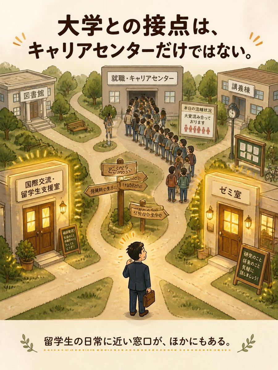 Transcend_L's tweet photo. 大学との接点はキャリアセンターだけではない

留学生の採用で大学とつながるなら、窓口はキャリアセンターだけではありません。
留学生の日常に近いのは、留学生支援や国際交流の担当部署、そしてゼミの先生です。
求人票を送る前に、まず1つ接点を。

#留学生採用 #産学連携 https://t.co/wi9Wf8kmhp