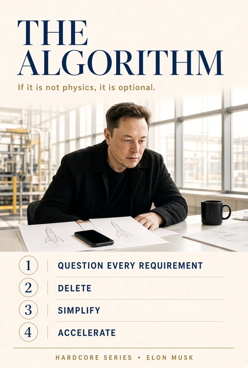 ESevans395's tweet photo. The Algorithm:

1. Question every requirement
2. Delete
3. Simplify
4. Accelerate

If it is not physics, it is optional. https://t.co/7sTwYsM8CG