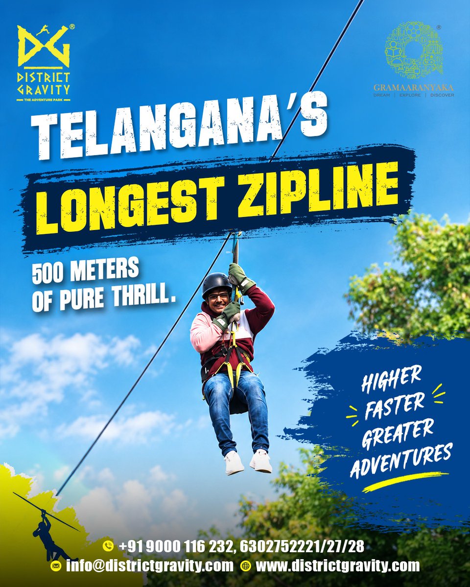 DistrictGravity's tweet photo. 7 reasons. One destination. Endless adventure. 

From Telangana’s longest Zipline and the 60-foot Giant Swing to the Human Slingshot, Rope Course, Go-Karting, Paintball, Water Park &amp; more 

📞 63027 52221/7/8
#DistrictGravity #adventurepark #waterpark https://t.co/wMRltgvHDW
