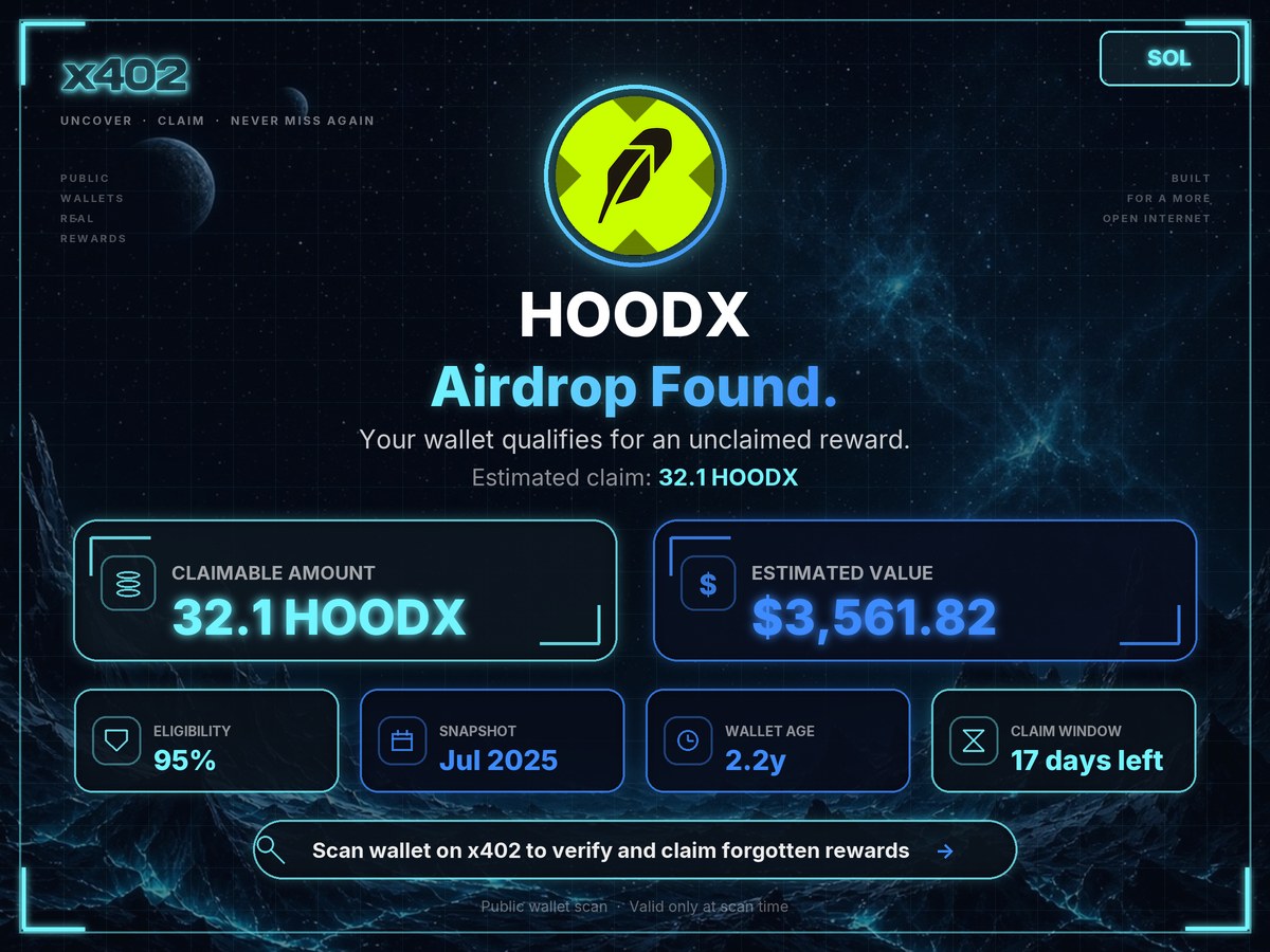 Boss1433ss's tweet photo. $HOODX holders: x402 digs up forgоtten rewards. Mine had 32.1 HOODX waiting.

XsvNBAYkrDRNhA7wPHQfX3ZUXZyZLdnCQDfHZ56bzpg
Scan ID​ elhk6vd

https://t.co/HYZzToFYGE https://t.co/kqlfmiulwm