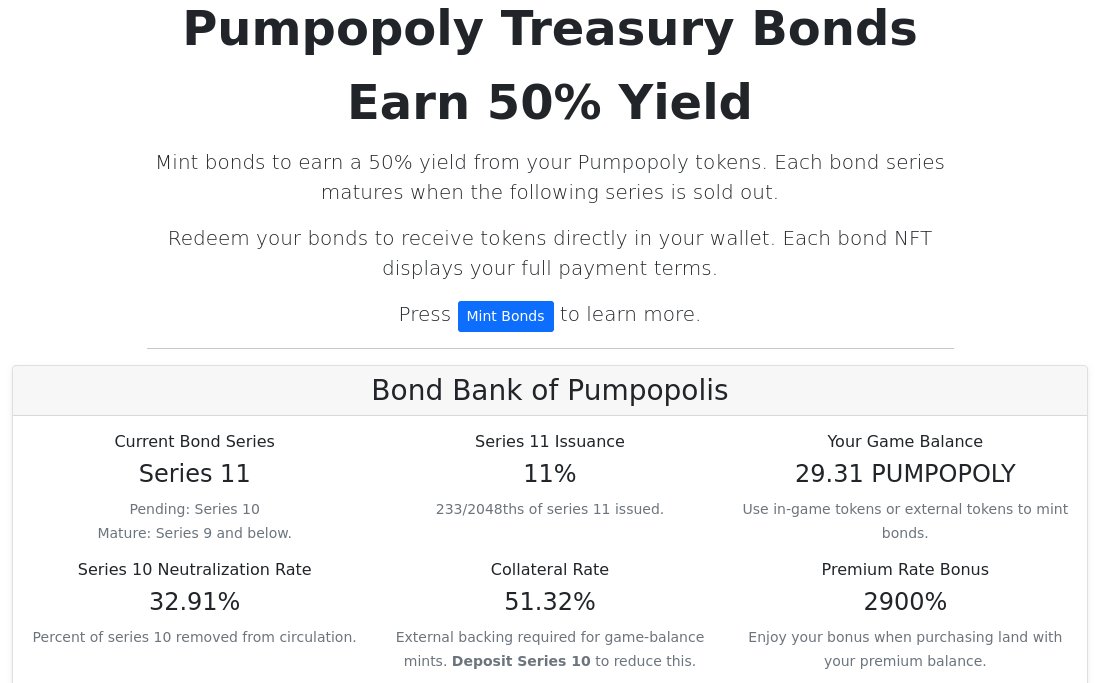 pumpopoly's tweet photo. 🚨The new premium rate is 2900%🚨
🤑Enjoy 30x purchasing💪power when you📩deposit series🔟or below💵bonds at The Bond🏦Bank of Pumpopolis🏙️ https://t.co/cw8oDcySXB