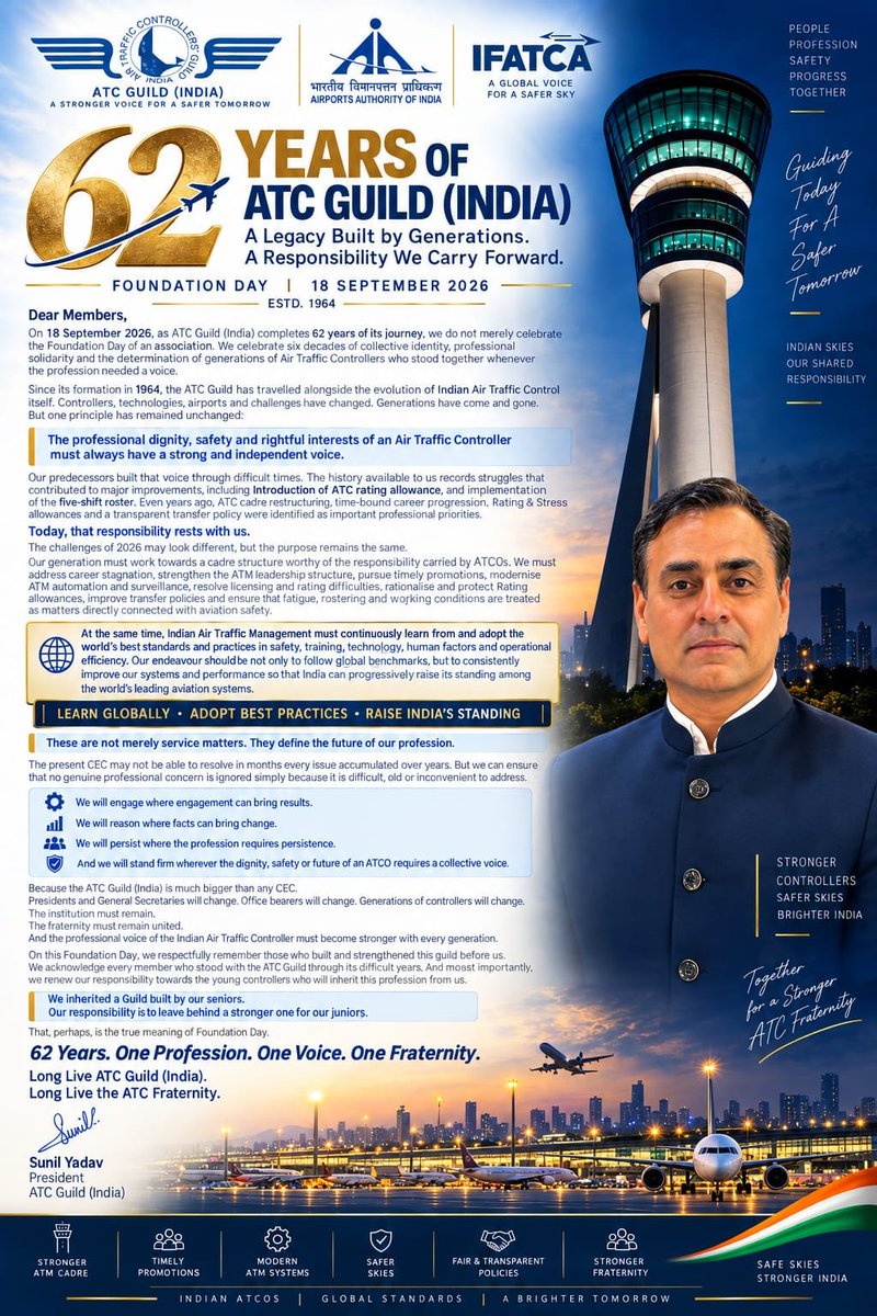 atcguildindia's tweet photo. ✈️ 62 Years of ATC Guild (India) 🇮🇳

Celebrating 62 years of Unity, Representation &amp; Progress — from 1964 to 2026.

One Profession. One Voice. One Fraternity.

#ATCGuildIndia #62Years #FoundationDay #ATCOs https://t.co/P6SM5ZioGJ