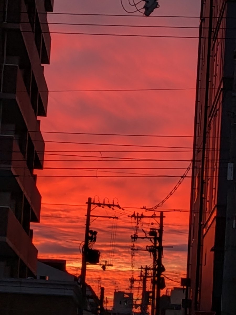 nancoro601's tweet photo. 朝6時の空真っ赤な空
ビルの狭間から
　2026年9月18日 https://t.co/W17nApVeHp