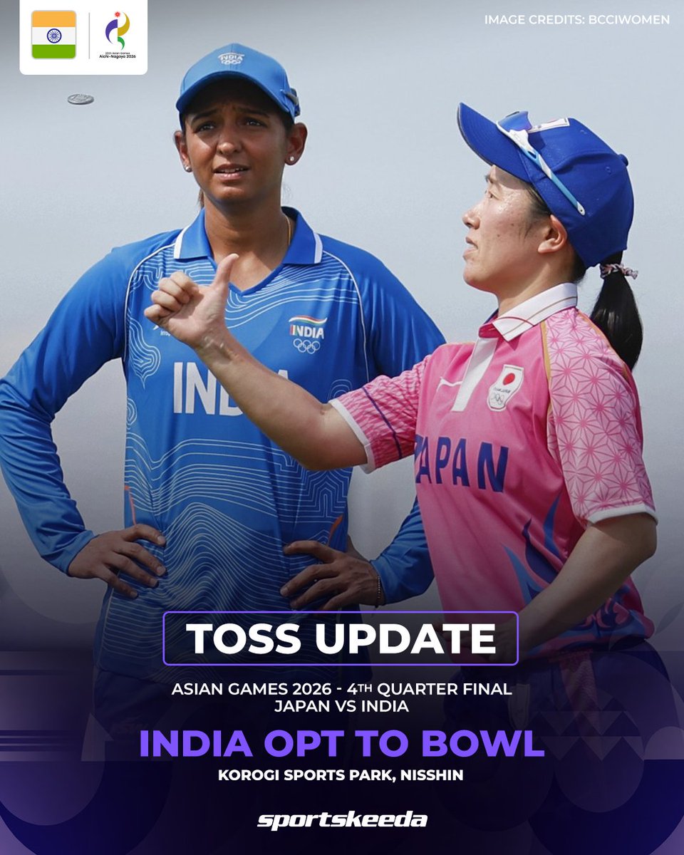 Sportskeeda's tweet photo. 🚨 TOSS UPDATE 🚨

Harmanpreet Kaur won the toss and opted to bowl first against Japan in the Asian Games clash! 🇮🇳🪙

#JAPWvINDW #WT20Is #Sportskeeda https://t.co/o3x20kWock