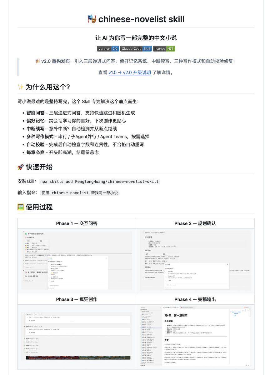 Jolyne_AI's tweet photo. 一个非常不错的中文小说创作 Skill 项目：chinese-novelist

通过结构化的问答 + 流程编排，让 AI 帮你从零到一写完一整部长篇中文小说，主打解决写小说「半途而废」这个痛点。

GitHub：https://t.co/jzR3z1eiZi

流程大概是这样：

- 先回答几个问题（题材、主角、核心冲突）
- 它自动生成大纲和人物档案
- 然后直接进入全自动创作模式，逐章往下写
- 写完了自动检查纠错
