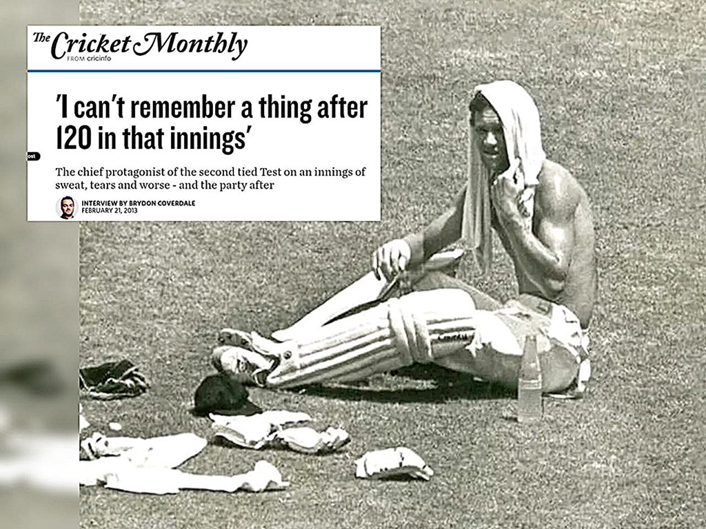 atsillypoint's tweet photo. Imagine you are 25 years old, batting for Australia in Madras. It is 40°C. The humidity is 80%.

By the time you reach a hundred, you are vomiting on the pitch. You lose control of your bladder. Your memory of the day starts to go blank.

You walk up to your captain and tell him you have to retire hurt.

Allan Border does not call for a doctor. He calls you a weak Victorian and says he'll send out a real Australian instead. A Queenslander. Greg Ritchie.

So you stay. You bat on out of pure rage, and you make 210. Then they help you to the shower, and from the shower to hospital, where you end up on a saline drip, around 8 kilos lighter than when the Test began.

And the match you nearly broke yourself for? Five days later, it ends in a tie. Only the second tied Test in history.

That was Dean Jones, 40 years ago today. One of the bravest innings Test cricket has ever seen, and the game still refused to give him a winner.
