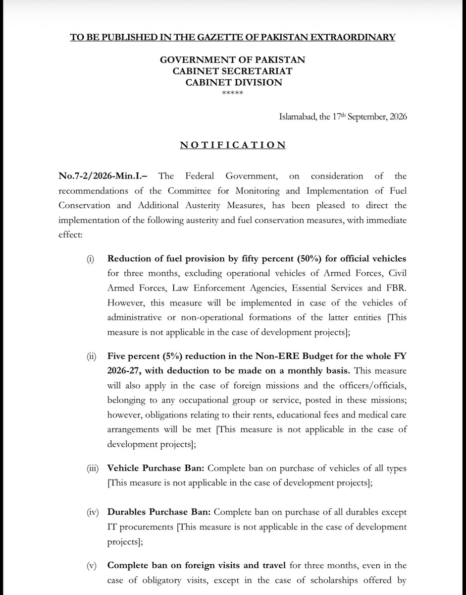 GNFBreaking's tweet photo. Pakistan has imposed new fuel-conservation measures, including a ban on government vehicle purchases, a 50% cut in official fuel allocations and a three-month foreign-travel ban. Markets must close by 9pm, while restaurants can remain open until 11pm. https://t.co/xJLZDUYPjU
