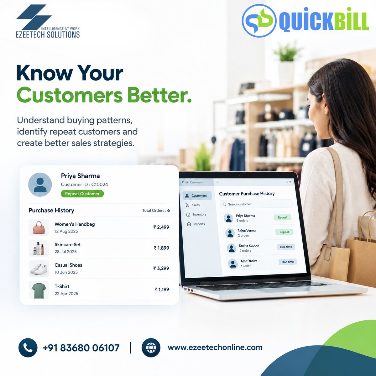 ezeetechonline1's tweet photo. Know Your Customers. Grow Your Sales.
With QuickBill, track purchase history, identify repeat customers, and understand buying patterns to make smarter sales decisions.
+91 83680 06107 | https://t.co/1LnaBRNbVV
#QuickBill #billingsoftware #RetailSoftware #CustomerManagement https://t.co/owULlveMb4