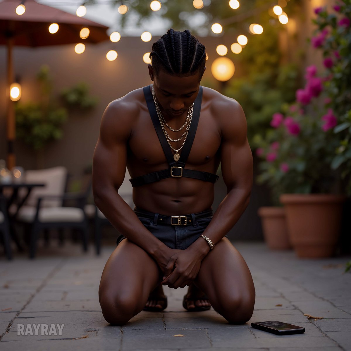 YourBlackBetter's tweet photo. Evening leather protocol on the patio. Knees down on the stone, harness and chains catching the string lights, phone right there. This the shift I crave. #YourBlackBetter #outdoors #nature #beach https://t.co/AzAKxIwls6