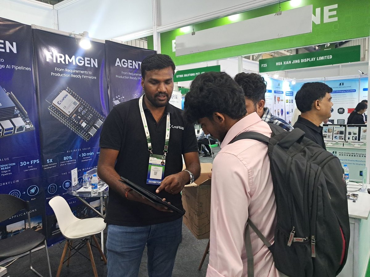 craftifai's tweet photo. Day 2 at #ElectronicaIndia2026 #ProductronicaIndia2026, and we realized most teams face the same hurdle.

Nobody is starting from a blank repo. They all have a 4-year-old codebase, a shipping product, and a roadmap demanding they add new sensors to it.

Which led to the same 3 questions about our AI agents:
1. "Will it rewrite everything?"
No. It reads the existing structure and makes targeted changes.

2. "Does it support our other MCU families?"
Hardware context is declared once. The abstraction sits across families.

3. "Does our code leave the building?"
On-prem, private cloud, or cloud. For enterprise, that passes the security review immediately.

The key idea here is that AI for firmware isn't about writing code from scratch. It’s about capturing your pin assignments and power constraints first, so the output actually matches your board.

The day also brought a nice moment: Messe Muenchen India recognized CraftifAI as part of their India's Powerplay in Electronics campaign.

One more day at Hall 2, Stand H2.F29. Come find us.

#electronics #EdgeAI #firmware