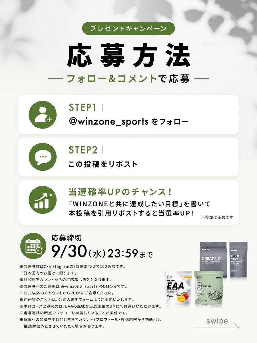 winzone_sports's tweet photo. 🎁 新商品プレゼントキャンペーン
「新しい選択を100名へ」

WINZONEの新商品4種セット または お試し6食セットが、合計100名様に当たります!

■ 賞品
----------
【本品コース｜10名様】
新商品4種セット(15,500円相当) 
🔵 クレアチン 600g
🟡 MULTI VITAMIN 30日分
🥭 EAA新フレーバー 600g
🌱 WINZONE ピープロテイン 1kg

【お試しコース｜90名様】
ナチュラルプロテインホエイ+ピープロテイン
お試し6食セット(各3食)
----------

■ 応募方法
1. @winzone_sports をフォロー
2. この投稿をリポスト

🌟当選率UPのチャンス！
「WINZONEと共に達成したい目標」を書いて本投稿を引用リポストすると当選率UP！
※参加は任意です

フォロワーの皆さまには、新商品情報とセール情報をいち早くお届けしています。
この機会にぜひ、フォローいただけますと幸いです✨

■ 応募期間
9/18(金)〜9/30(水)23:59

■ 当選発表
当選者にのみDMでご連絡します

■ 注意事項
※当選者数はX・Instagramの2媒体あわせて100名様です。
※日本国内のお届けに限ります。
※非公開アカウントからのご応募は無効となります。
※当選者へのご連絡は @winzone_sports のDMのみです。
※公式以外のアカウントからのDMにご注意ください。
※住所等のご入力は、公式の専用フォームよりご案内いたします。
※本品コース当選の方は、EAAの風味を当選連絡のDMにてお選びいただけます。
※当選連絡の時点でフォローを継続していることが条件です。
※懸賞への応募を主目的とするアカウント（プロフィール・投稿内容から判断）は、抽選対象外とさせていただく場合があります。

#WINZONE #新発売 #プロテイン
