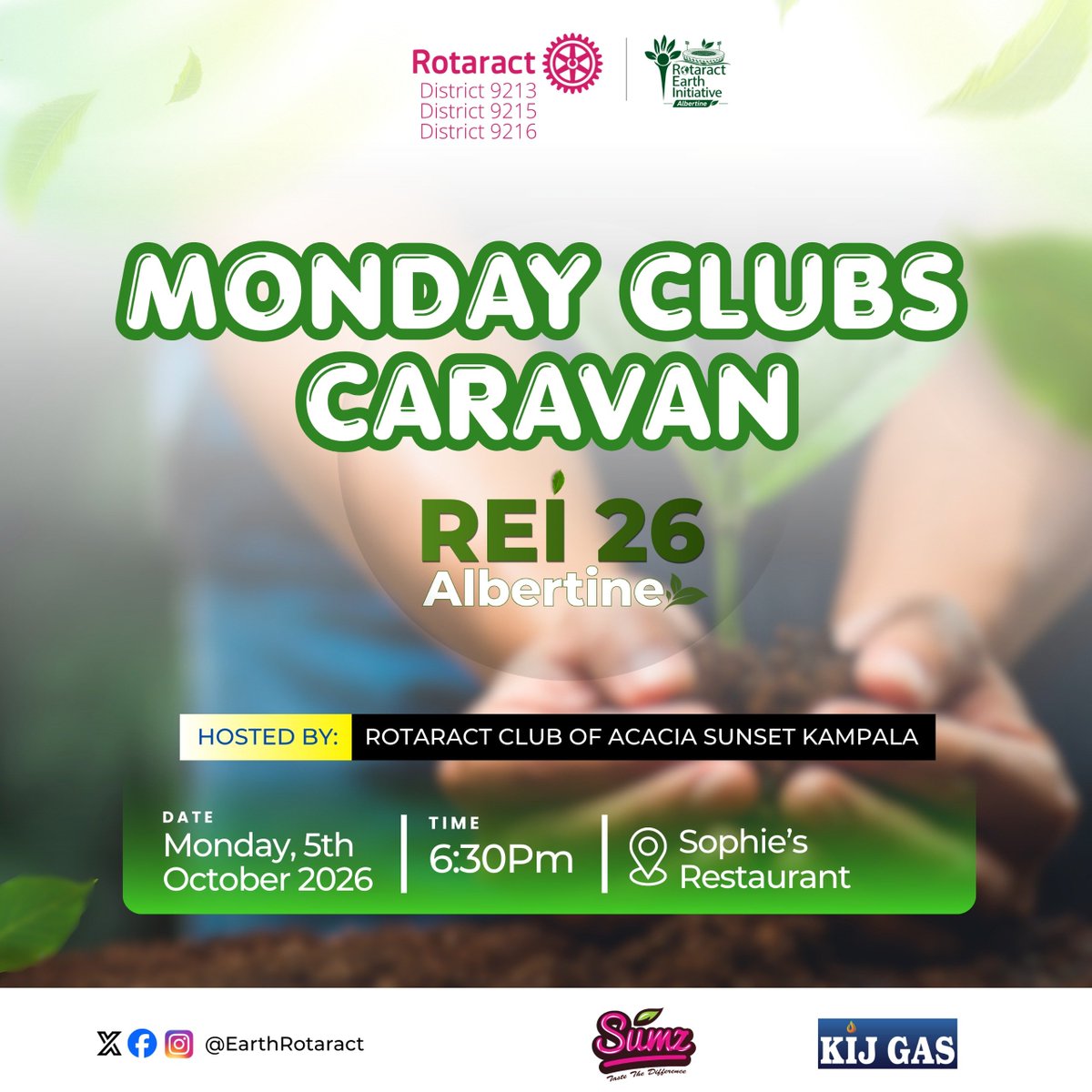 EarthRotaract's tweet photo. Join us on Monday, 5th October 2026 at 6:30 PM at Sophie’s Restaurant, for the REI Cravan hosted by @RotaractAcacia
Let’s connect, engage, and grow the movement for environmental action. 💚

#REI26Albertine #Rotaract #EarthRotaract https://t.co/5OcMpHvuvr