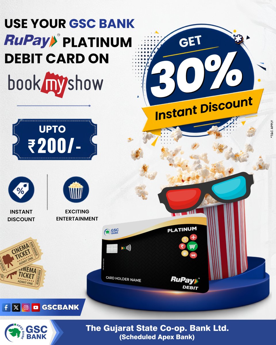 GSCBank's tweet photo. GET EXCITING DISCOUNTS ON GSC BANK'S RUPAY PLATINUM DEBIT CARD.
FLAT 30% INSTANT DISCOUNT UPTO Rs. 200/- ON BOOKMYSHOW.
#GSCBank #Offer #bookmyshow #RuPayDebitCard #booknow #bms #rupay #GSCB #bookyourtickets https://t.co/BI8hyc9h7W
