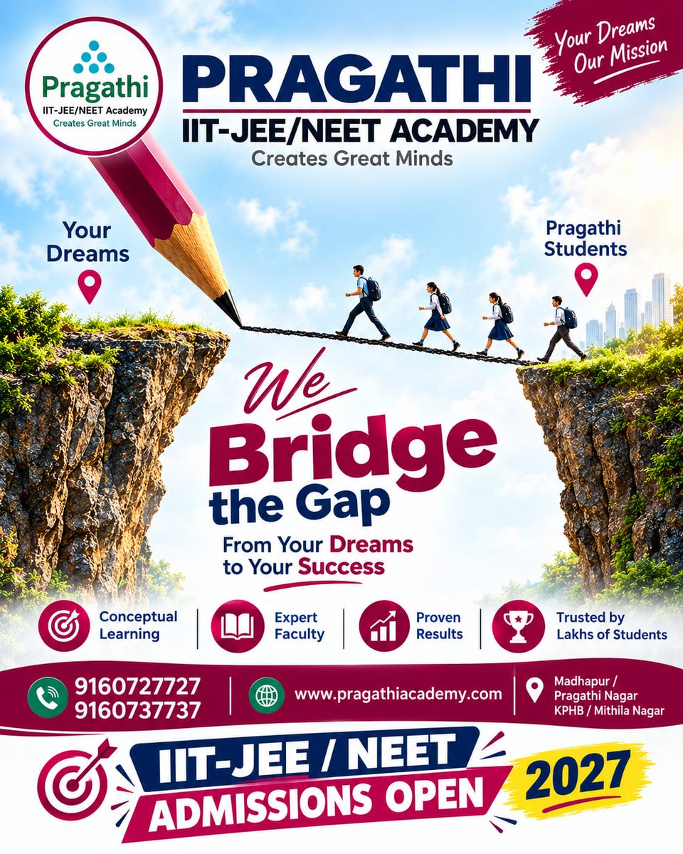shimmerpixie596's tweet photo. 🚀 Bridge the gap between your dreams and success with Pragathi Academy! Start your IIT-JEE or NEET 2027 journey with expert guidance today. 🎯

#PragathiAcademy #IITJEE2027 #NEET2027 #IITJEEPreparation #NEETPreparation #FutureDoctors #FutureEngineers #JEEAspirants #NEET https://t.co/TbZJ17brrq