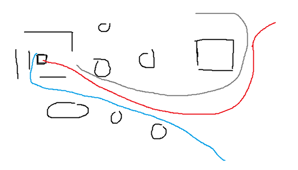 Fa3_Friend's tweet photo. i even saw him before wesker did. he just... didnt see me. grey is weskers path, red dwights and blue is nemesis. https://t.co/dp9itjdeCJ