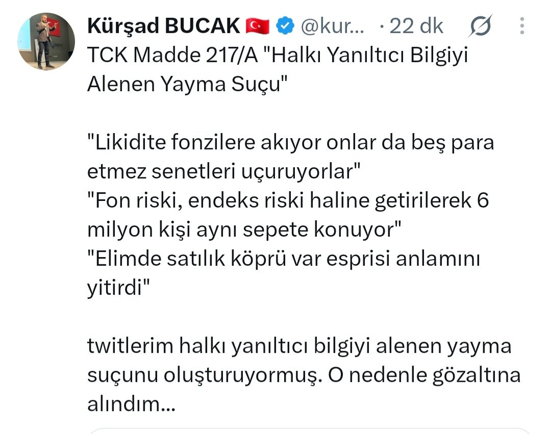 berna_gulpinar's tweet photo. Kürşad Bucak gözaltına alınmış. Evinde arama yapılmış. Tweet attı diye...

Ama fonlarda manipülasyon olduğunu Mehmet Şimşek söyleyince sorun yok.
🤬 https://t.co/8GapzZccxC