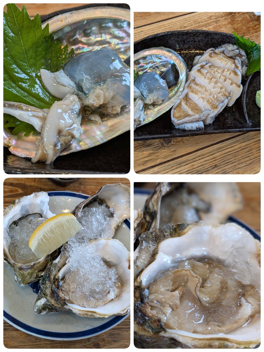 drillparma1's tweet photo. 鳥羽駅近くの貝屋さんへ再訪
プレミアム生牡蠣
赤にし
アッパ貝（ひ��ぎ貝）
大アサリ
アワビのお造り
サザエのお造り
日本酒330を2本

サザエのつぼ焼きサービスと帰りに日本酒のお土産を持たせてもらった。
え？マジ？
次は2月に来ますから！！
と言ってごちそうさまでした。 https://t.co/jksuiugsS0