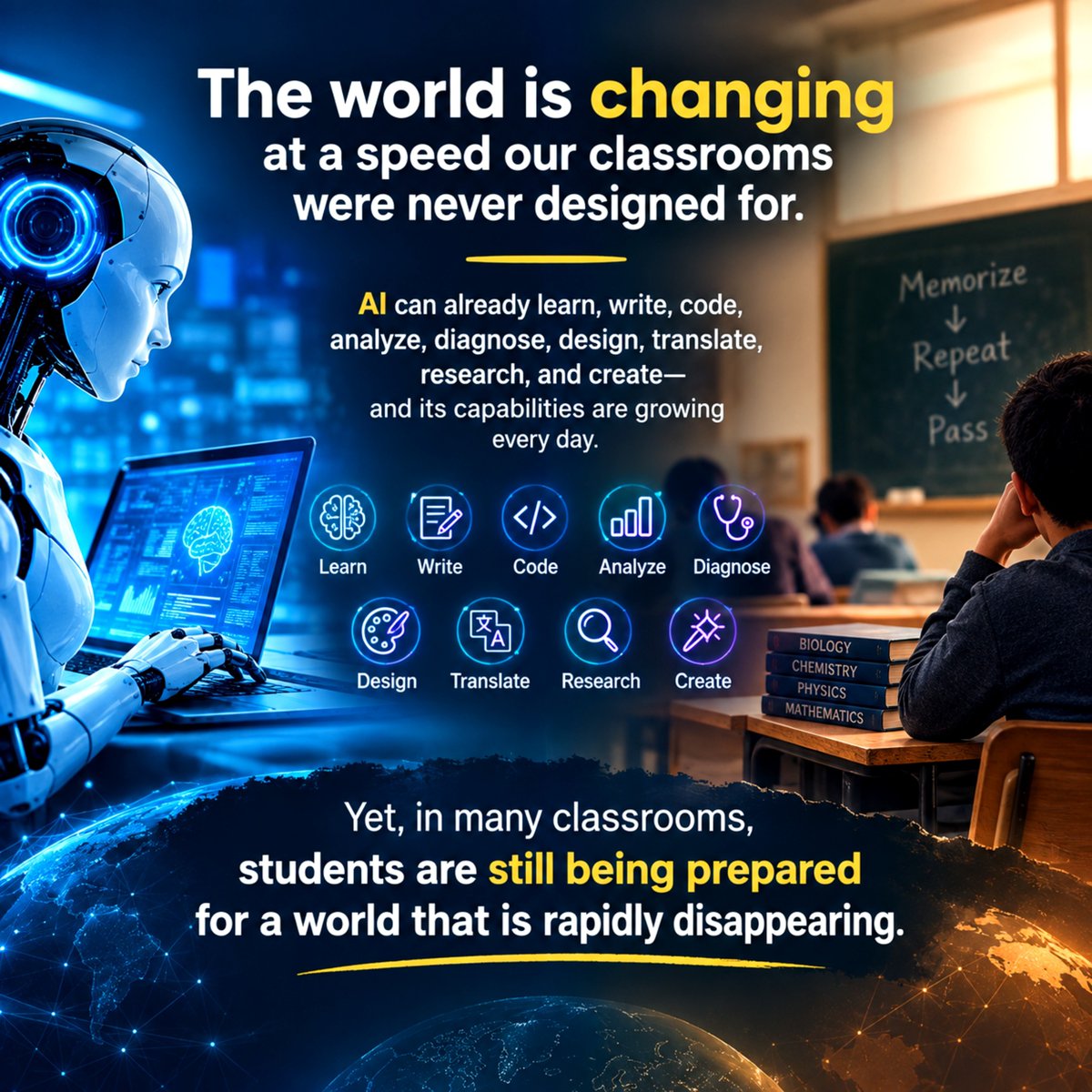 ShafiqueSh85525's tweet photo. The world is changing at a speed our classrooms were never designed for.
AI can already learn, write, code, analyze, diagnose, design, translate, research, and create—and its capabilities are growing every day. https://t.co/a2p3fRv1V0