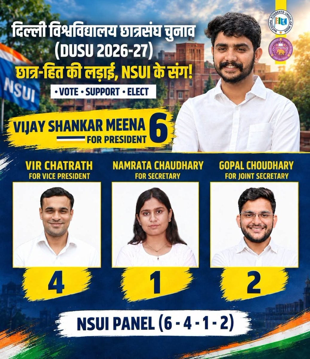 Pk_Ampa's tweet photo. DUSU 2026 Candidate List 🎓

6️⃣ Vijay Shankar Meena — President
4️⃣ Veer Chatrath — Vice President
1️⃣ Namrata Chaudhary — Secretary
2️⃣ Gopal Chaudhary — Joint Secretary

Stay informed about the election.
#DUSU6412 https://t.co/rIhfPjw7Ij