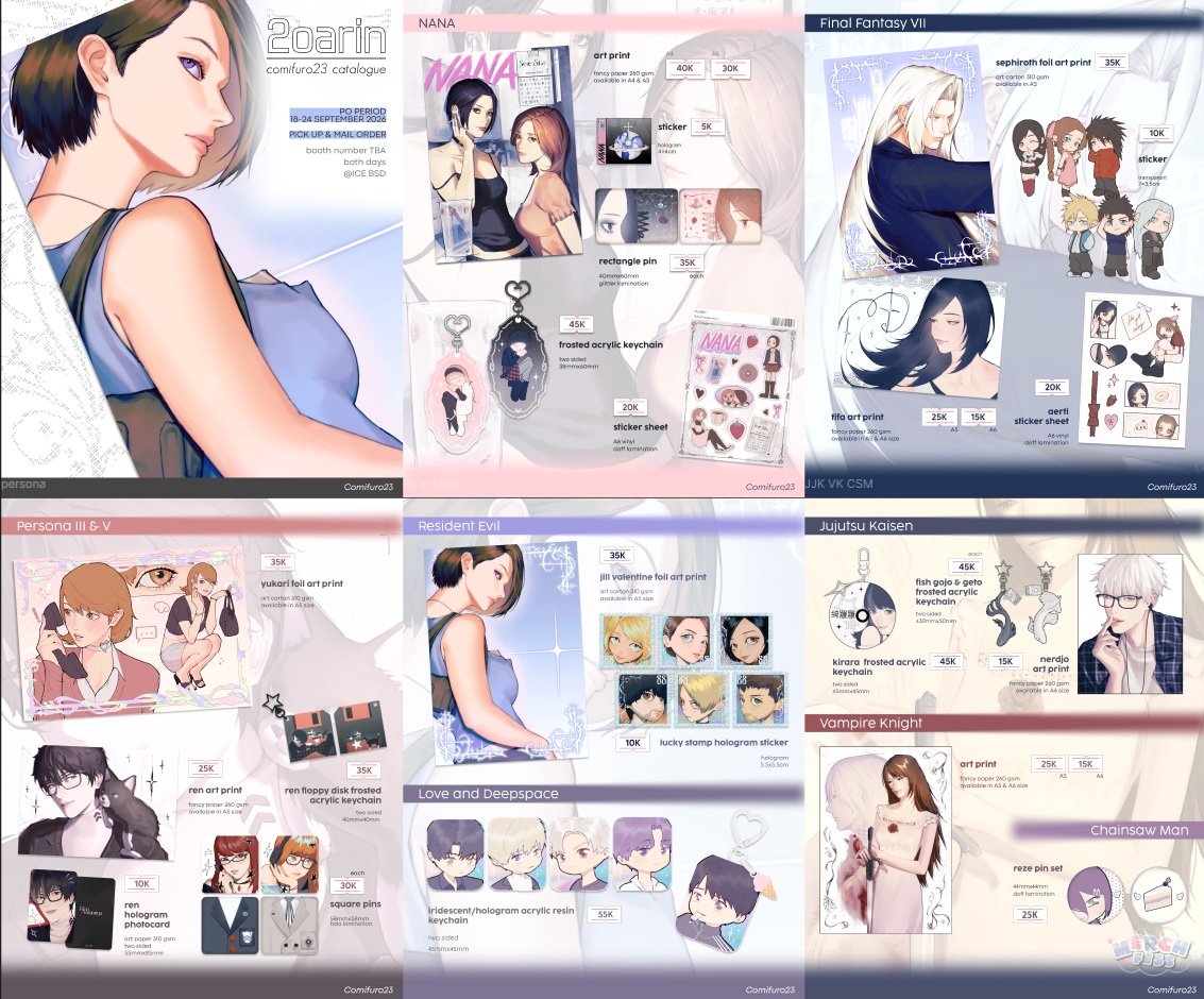 merch_fesss's tweet photo. *Icheck halooo sender mau buka po catalog cf23 nih :3 fandomnya ada nana, ff7, persona, resident evil, jjk, lads, csm, adakah yang mau ditag? https://t.co/WI5XLGTxPM