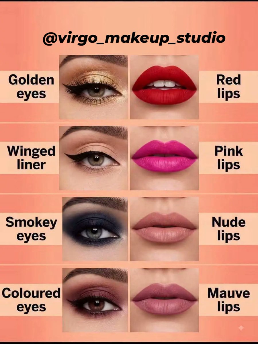 KristinMccik's tweet photo. Pick your perfect match
Golden eyes + red lips 
Winged liner + pink lips 
Smokey eyes + nude lips 
Coloured eyes + mauve lips 

Comment your favorite. https://t.co/dQF02dCzWx