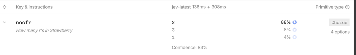 kamranthecaesar's tweet photo. They said that Jev has 0% hallucinations,
However, I found a common case where it does hallucinate.

I asked Jev how many r's in Strawberry, it said 2 with 88% confidence,

It's a classic o1 problem statement which we had,
Probably it has to do with CoT and hence reasoning
@typesafeai