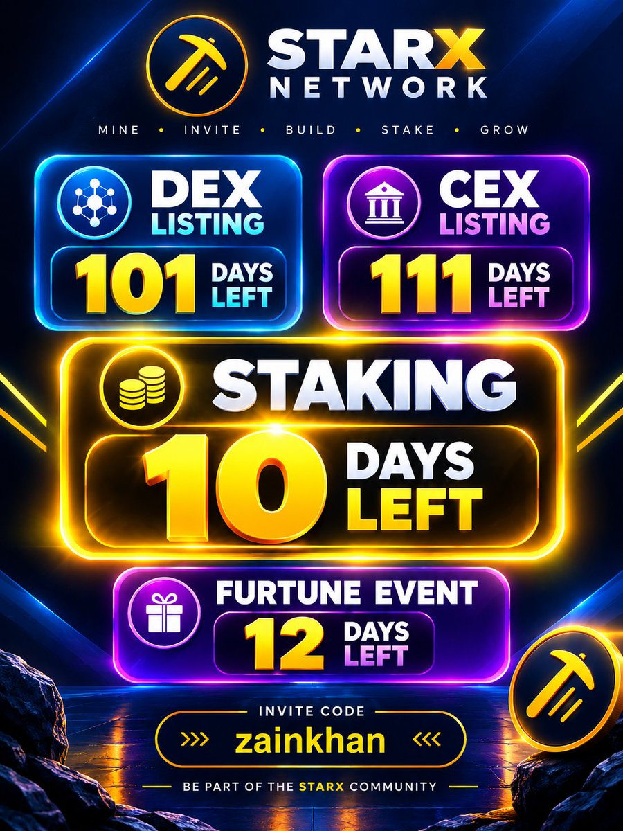 Itxzain189911's tweet photo. 🔥STARX NETWORK—COUNTDOWN IS ON!⏳

🔵DEX Listing — 101 Days Left
🟣CEX Listing — 111 Days Left
🟡Staking — 10 Days Left
🎁Fortune Event —12 Days Left

🚀Big milestones are getting closer!
Stay active, keep mining &amp; stay ready.

#STARX #STRX #StarXNetwork #Staking #DEX #CEX #Web3 https://t.co/vq4TlFBJMO