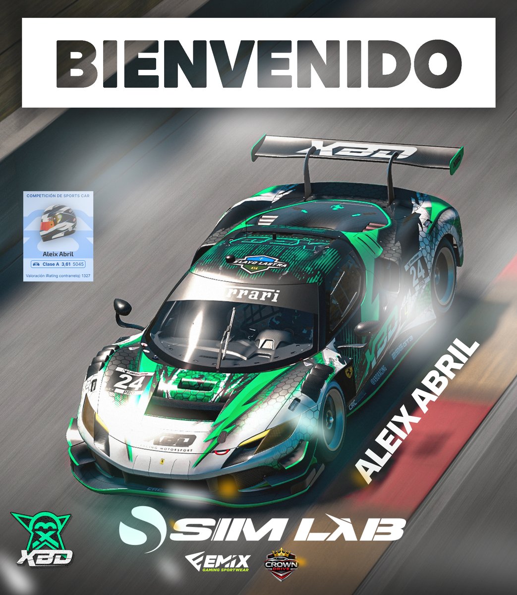 xbdracing's tweet photo. ⭐️ ¡Viernes de presentaciones! ⭐️
Estamos encantados de anunciar a @aleix_abril como nuevo piloto 💪.
Savia nueva que viene para aportar mucho talento, ganas y velocidad en pista 🚀
¡Bienvenido Aleix!
#SimLab #CrownDrive @Emix_Gaming_ #GreenPower #GoXBD https://t.co/qeKCURhcsb