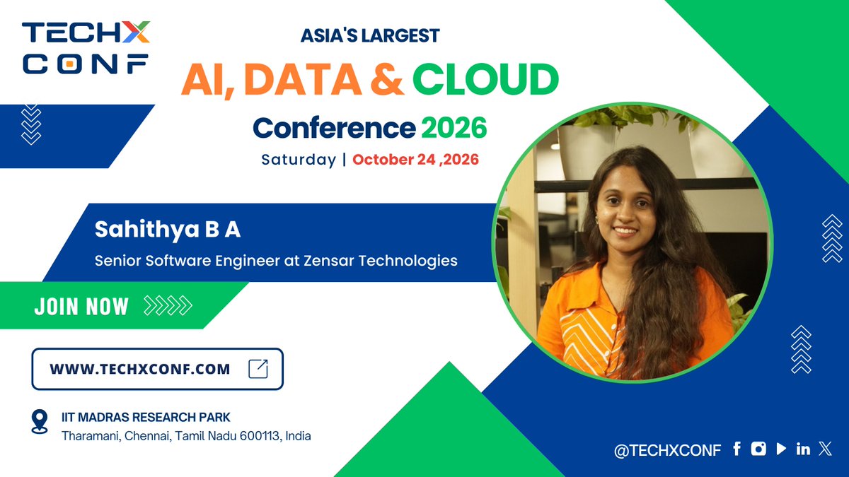 TechXConf's tweet photo. 🚀 Speaker Announcement: TechXConf 2026!

We’re pleased to announce @sahithyaBA from Zensar Technologies as a speaker at TechXConf 2026! 🎤

We’re excited to have her join us and share her insights and experience with the TechXConf community. Get ready for an exciting session!

👉 Reserve your seat today: https://t.co/a9SK30uAKV

#TechXConf2026 #ZensarTechnologies #TechLeaders #Innovation #TechXConf #ChennaiEvents #TechX