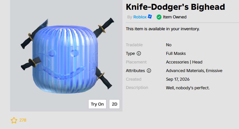 KleosOverlord's tweet photo. Why is roblox genuinely attracted to making ai generated content, the texture on this is so obviously not made by a human and also why the fuck is it like a blue color and striped? really odd for a bighead hat especially since it has no reason to look like that 😭 

#roblox https://t.co/NNtjLLobWD
