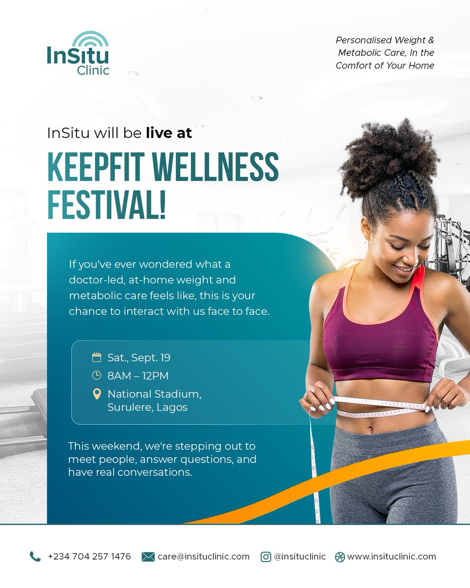 InSituClinic's tweet photo. InSitu Clinic team will be at the KeepFit Wellness Festival, having real conversations about weight and metabolic health.

If you're around National Stadium, Surulere this Saturday (Sept 19, 8AM–12PM), come find us. https://t.co/2ObLGQZPDr
