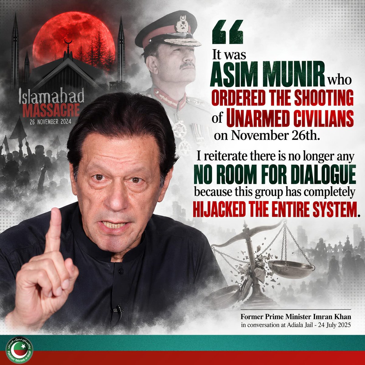 InsafPK's tweet photo. یہ عاصم منیر ہی تھا کہ جس نے 26 نومبر کو نہتے سویلینز کے اوپر گولیاں چلوانے کا حکم دیا تھاـ
اسی لئے میں اس بات پر زور دیتا ہوں کہ اب بات چیت کا کوئی امکان نہیں ہے، کیونکہ اس ٹولے نے نظام پر مکمل کنٹرول حاصل کر لیا ہےـ
عمران خان نے یہ بات 24 جولائی 2025 کو کہی تھی
#ستمبر27_انقلاب_کی_دستک