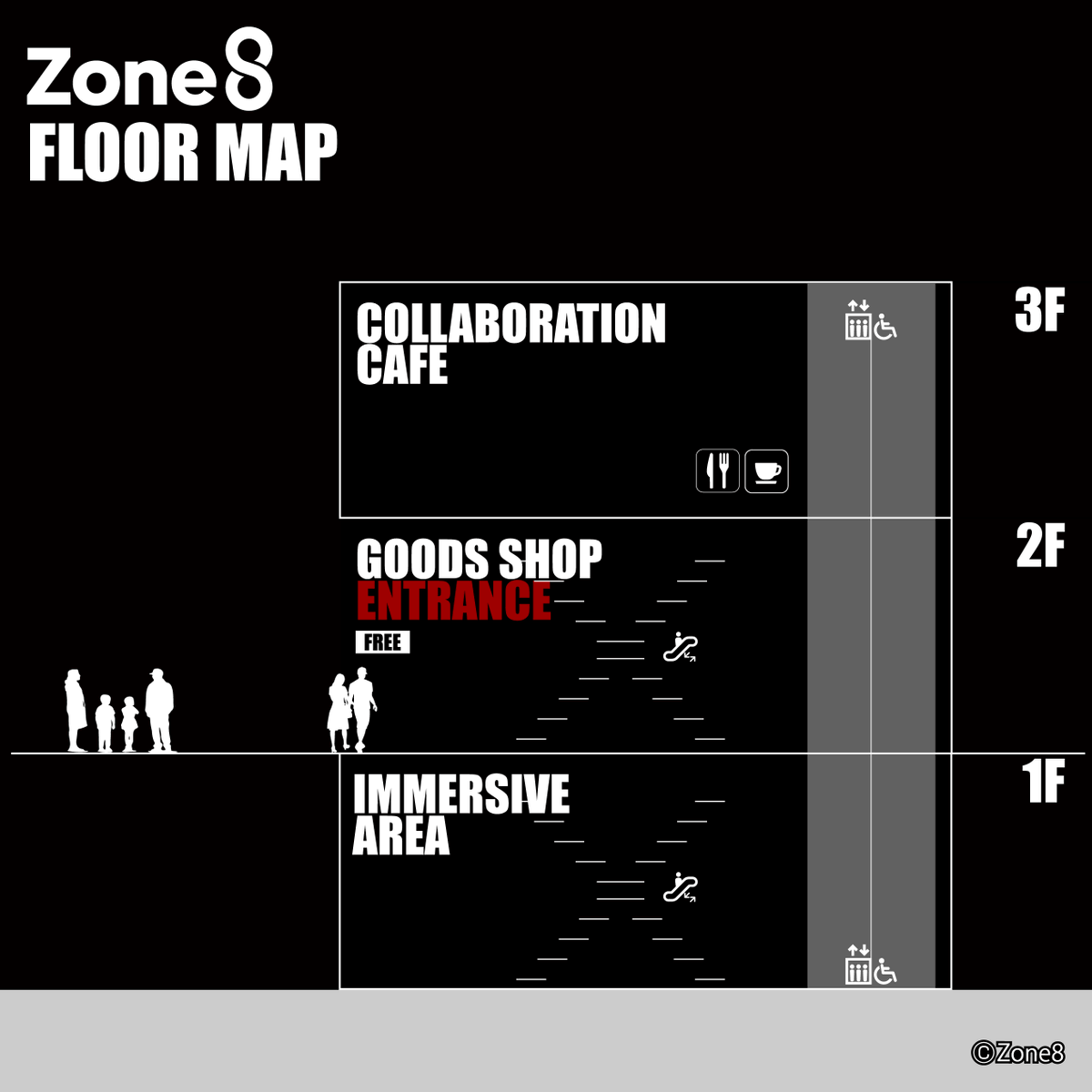 Zone8official's tweet photo. 「#Zone8」は、1階から3階までのメゾネットタイプの3フロア構成。
【1F】高精細大型LEDビジョン(およそ幅15m×高さ4.5m)と鏡張りの壁による迫力ある映像体験を楽しめるイマーシブシアター。
【2F】さまざまな人気作品の限定グッズやレアグッズが集まるグッズストア。
【3F】展示やフォトスポットと飲食体験を組み合わせたミュージアム型コラボカフェ。
※Zone8の出入口は2Fのみです。1F、3Fをご利用のお客様も、2Fの出入口からご入店ください。