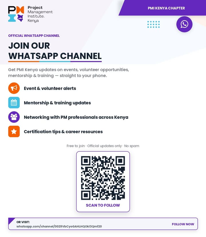 Pmi_Ke's tweet photo. Stay connected with PMI Kenya Chapter.

Our official WhatsApp Channel is here. Free to join.

Scan the QR code or follow the link: https://t.co/FPEXryqJLT

#PMIKenya #ProjectManagement #StayConnected https://t.co/CK4jbICMPj