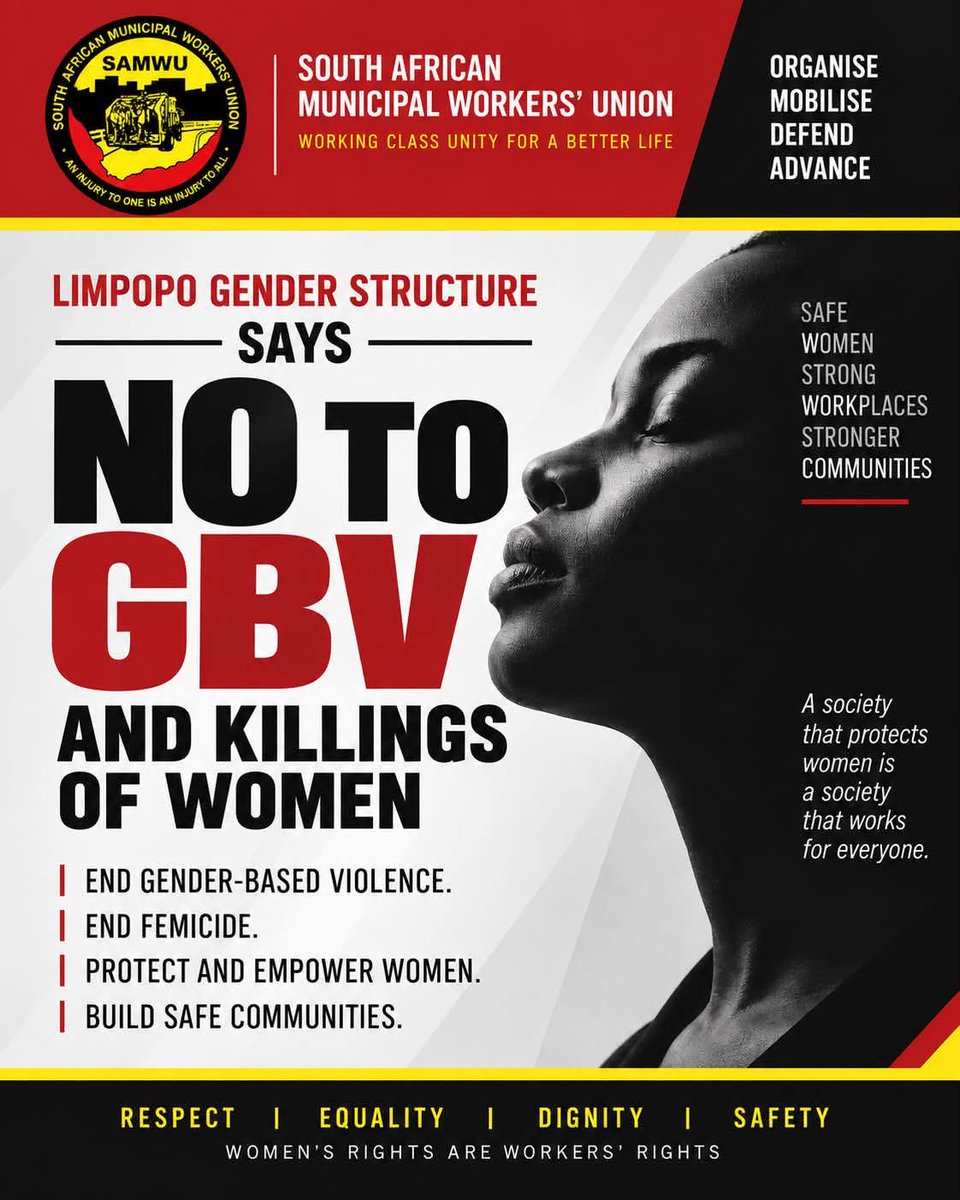 _cosatu's tweet photo. #SAMWU Limpopo Gender Structure says, 'NO to gender-based violence and the killing of women.'
@CapricornFM @CapeTalk @Newzroom405 @eNCA @SABCNews @ewnupdates @Powerfm987 @SAPoliceService @ParliamentofRSA @NPA_Prosecutes @PhophiRamathuba @EnergyfmSA @LimChronicle @PresidencyZA https://t.co/7KxWWtwpte