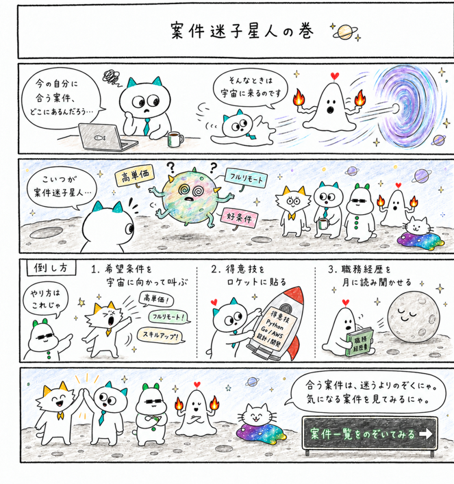 relansukerou's tweet photo. 案件迷子星人の巻💫

▼フリーランスエンジニア向け案件紹介ならRelance
https://t.co/C9nvrYMOFu

#リラン助郎　#エンジニアあるある　#４コマ漫画　#漫画が読めるハッシュタグ　#フリーランスエンジニア　#Relance https://t.co/jyG72qezjx