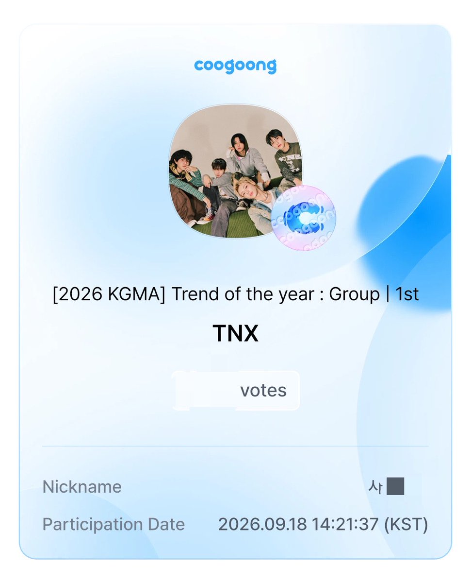 041111_H's tweet photo. #coogoong voted for “[2026 KGMA] Trend of the year : Group | 1st”✅
Send a vote of support to #TNX on the #coogoong App right now💪
https://t.co/c8KRwuGTsp

#티엔엑스 파이팅˙ᵕ˙🫶🏻 https://t.co/RjqusPbsD2