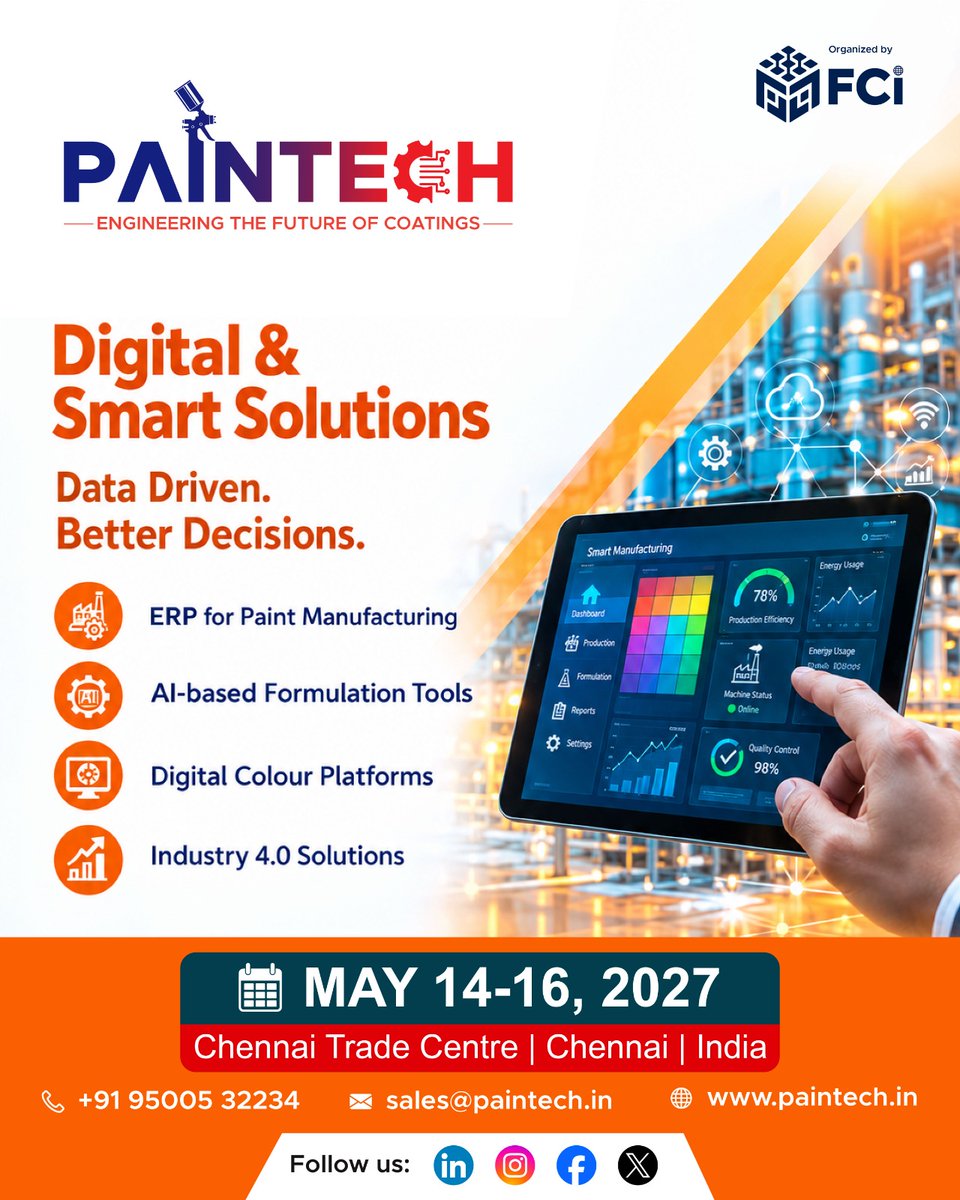Paintechfaircon's tweet photo. 💡 Smart Technology. Smarter Coatings. Stronger Future.

📅 May 14–16, 2027
📍 Chennai Trade Centre, Chennai, India
📞 +91 95005 32234
📧 sales@paintech.in
🌐 https://t.co/MONnrF4E4E
PAINTECH 2027 | Engineering the Future of Coatings https://t.co/tiKf4KysvZ