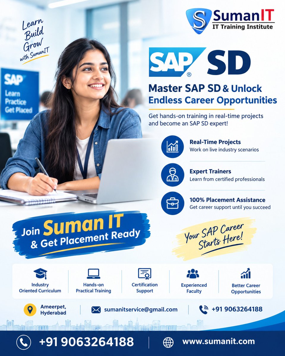 puffylove109's tweet photo. Master SAP SD with practical training, real-time projects, expert guidance, certification support, and career-focused learning at Suman IT. 🚀

#SumanIT #SAPSD #SAPTraining #SAPCareer #SAPJobs #LearnSAP #ITTraining #CareerGrowth #SAPConsultant #HyderabadIT https://t.co/u1GydeoCHH