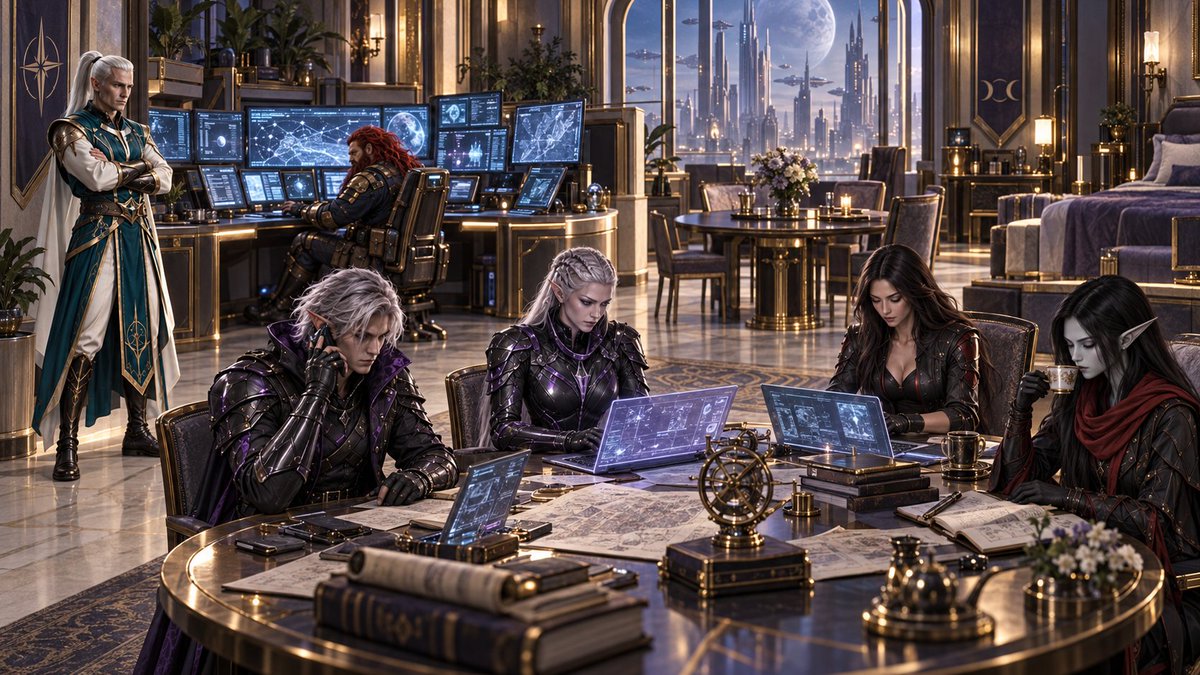 sw5erpg's tweet photo. Moonstone City sleeps while the team turns the presidential suite into an intelligence hub: Valadar &amp; Elyandra chase leads, Cass works the data, Gimble digs through the servers, Jy’ehl sips tea and regroups, while Lansolen keeps watch over them all. https://t.co/BVHaNkR2mW