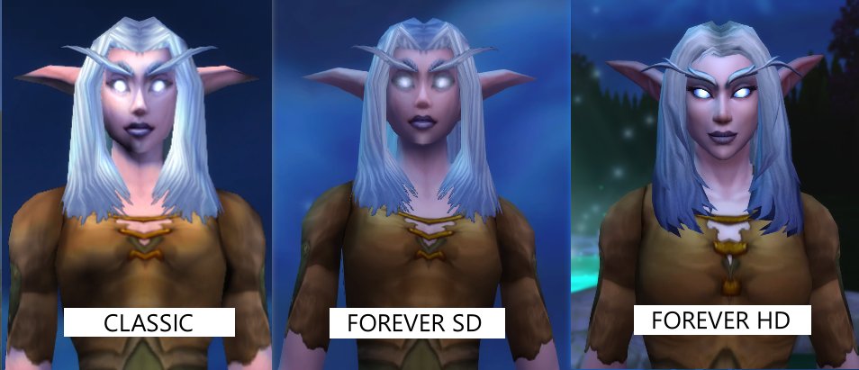MsMiggi's tweet photo. Quick and dirty comparison between Classic, Forever SD, and Forever HD character models for female night elf (Face #1). https://t.co/rCrJb4Abbz