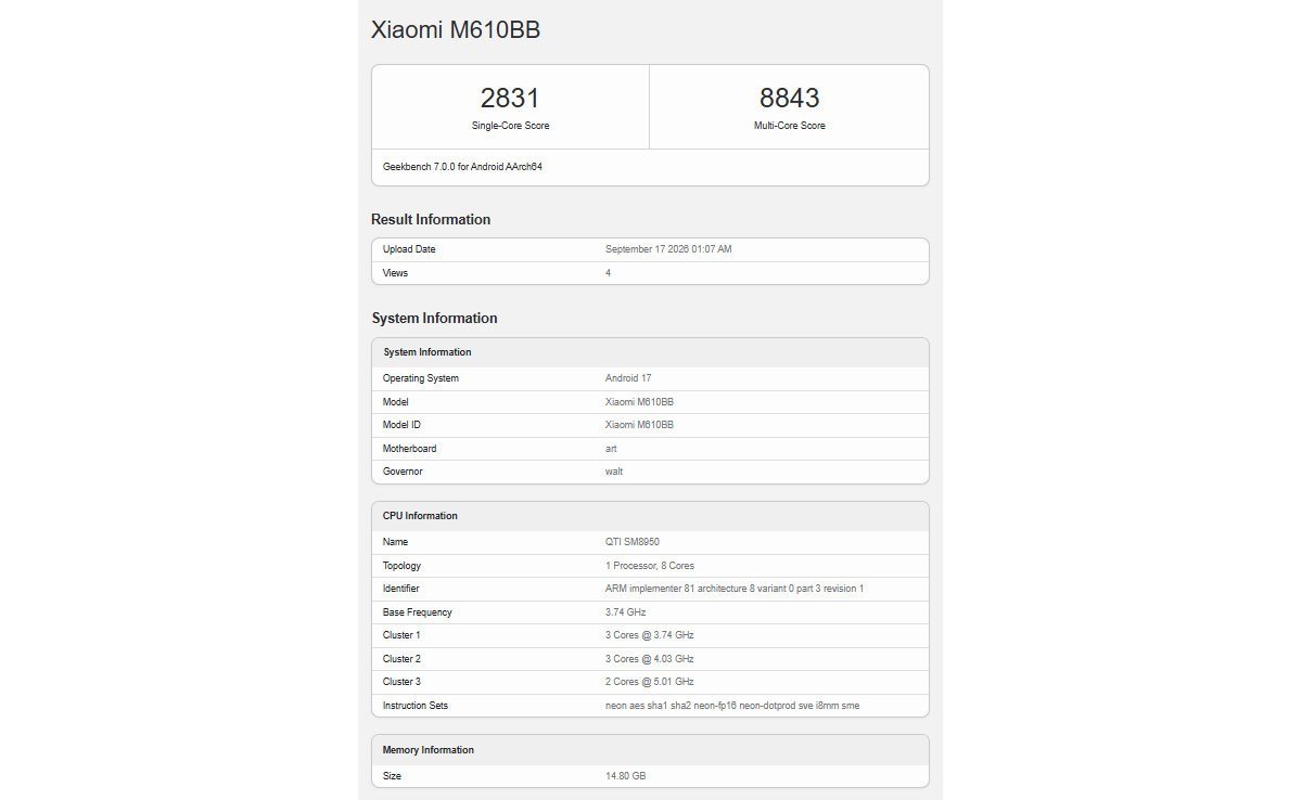 technanoco's tweet photo. 📱 Xiaomi 18 Pro Geekbench 7 Score ✨
Single Core - 2,831
Multi Core - 8,843
Xiaomi 18 Pro using Snapdragon 8 Elite Gen 6 Pro Soc Chipset.
#Xiaomi
#Xiaomi18Pro
#HyperOs4 https://t.co/M2LZVKoylb
