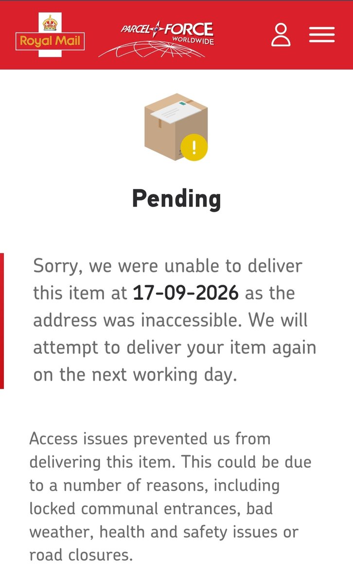 eltonthefish's tweet photo. @RoyalMail why not just say you couldn't be bothered to deliver it. Inaccessible, really? https://t.co/o15zxsyShA