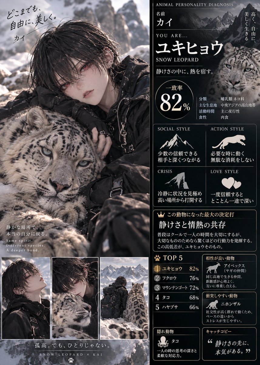 zibun_kaizouken's tweet photo. 🐾 流行りのChatGPTに動物診断させるやつ！
偏らないように作ってみた〜！( ˙꒳​˙ )✨

かなり細かくして、
犬・猫・オオカミとか定番に偏らないように作り直したよ🙆‍♀️

哺乳類だけじゃなくて、
鳥・爬虫類・魚・海の生き物とかまで候補にして、
「優しい＝犬」
「自由＝猫」
「孤独＝オオカミ」
みたいな雑な決め方はしないやつ🐺🦉🐙
普段の性格だけじゃなくて
・人との距離感
・問題が起きた時
・本気になった時
・ピンチの時
・恋愛や愛着
・一人の時
まで見て決めて自分＋診断された本物の動物の画像まで作ってくれるよ〜！

気になる人はリプに置いとくね👇✨
#ChatGPT #AI診断 #動物診断 #ジブン解像研